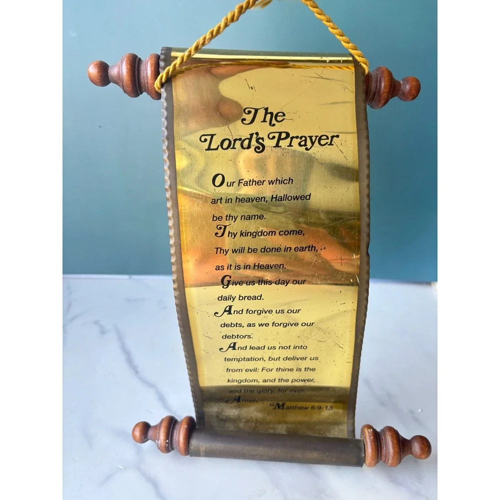 Vintage The Lord's Prayer Gold Metallic Scroll Wall Hanging Wood Finials 8.5